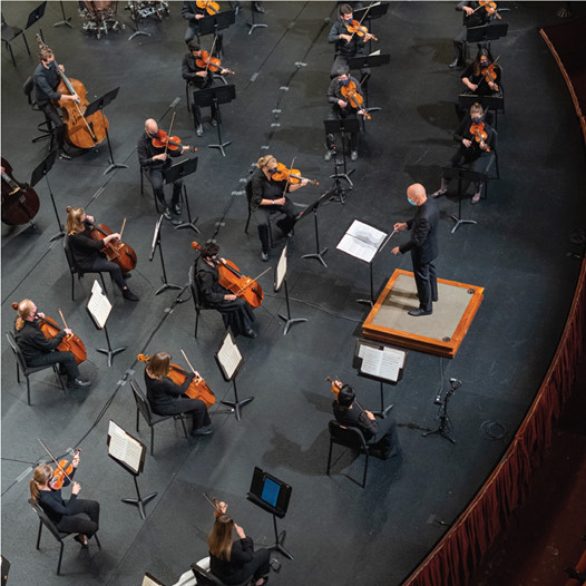 In the unusual 2020-21 season, the orchestra often was smaller than usual and socially distanced.